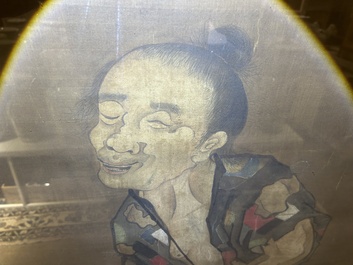 Chinese school: A blind beggar with a dog, ink and colours on silk, probably Ming