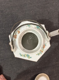 A Chinese hexagonal famille rose 'magpies and butterflies' teapot and cover, Tongzhi mark and of the period