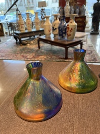 Johann Loetz (1880-1940, attributed to): A pair of multi-coloured funnel-shaped glass 'Papillon' vases, 20th C.