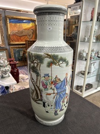 A Chinese famille rose rouleau vase with immortals in a garden, Qianlong mark, 20th C.