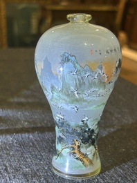 A small Chinese miniature reverse painted glass meiping vase with cranes, 19th/20th C.