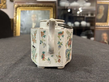 A Chinese hexagonal famille rose 'magpies and butterflies' teapot and cover, Tongzhi mark and of the period