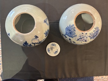 Five Chinese blue and white jars and vases with floral design and figures in a landscape, 19th/20th C.