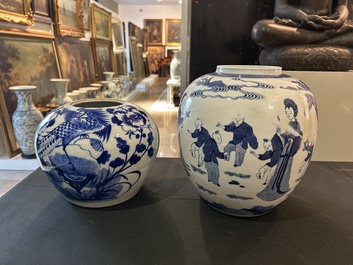 Five Chinese blue and white jars and vases with floral design and figures in a landscape, 19th/20th C.