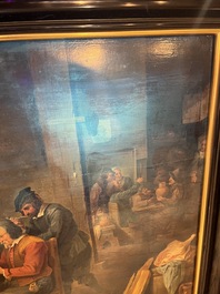 Flemish school, follower of David Teniers (1610-1690): Fun in the inn, oil on panel, 19th C.