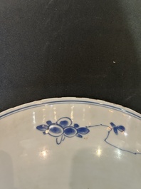 Three Chinese blue and white dishes and one polychrome dish, Kangxi and 19th/20th C.