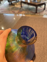 Johann Loetz (1880-1940, attributed to): A pair of multi-coloured funnel-shaped glass 'Papillon' vases, 20th C.