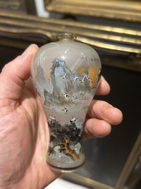 A small Chinese miniature reverse painted glass meiping vase with cranes, 19th/20th C.