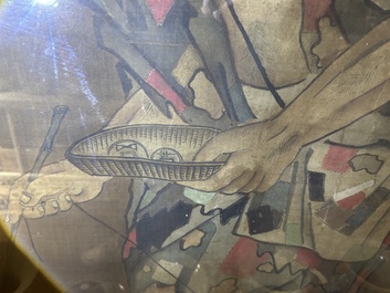 Chinese school: A blind beggar with a dog, ink and colours on silk, probably Ming