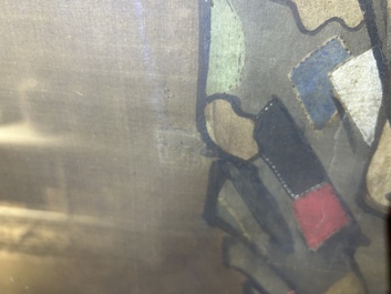 Chinese school: A blind beggar with a dog, ink and colours on silk, probably Ming