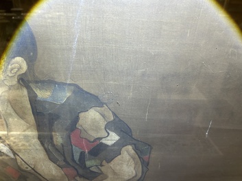 Chinese school: A blind beggar with a dog, ink and colours on silk, probably Ming