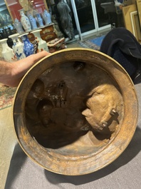 Pierre-Jules M&egrave;ne (1810-1879): Hunting companion with his dogs, brown patinated bronze