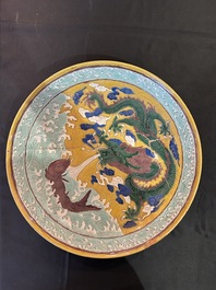 Three Chinese blue and white dishes and one polychrome dish, Kangxi and 19th/20th C.