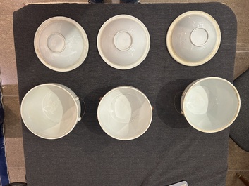 Three Chinese famille rose and qianjiang cai warming bowls and covers, 19th/20th C.