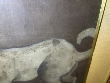 Chinese school: A blind beggar with a dog, ink and colours on silk, probably Ming