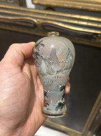 A small Chinese miniature reverse painted glass meiping vase with cranes, 19th/20th C.