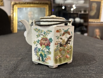A Chinese hexagonal famille rose 'magpies and butterflies' teapot and cover, Tongzhi mark and of the period