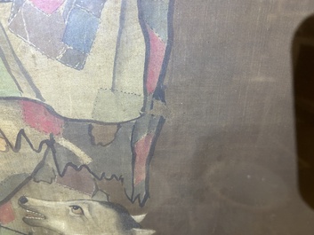 Chinese school: A blind beggar with a dog, ink and colours on silk, probably Ming