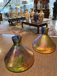 Johann Loetz (1880-1940, attributed to): A pair of multi-coloured funnel-shaped glass 'Papillon' vases, 20th C.