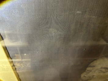 Chinese school: A blind beggar with a dog, ink and colours on silk, probably Ming