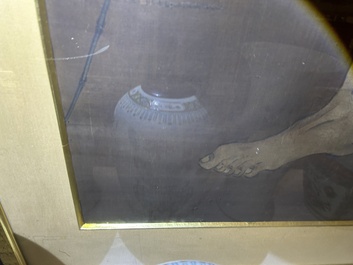 Chinese school: A blind beggar with a dog, ink and colours on silk, probably Ming