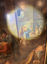 Flemish school, follower of David Teniers (1610-1690): Fun in the inn, oil on panel, 19th C.