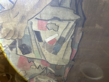 Chinese school: A blind beggar with a dog, ink and colours on silk, probably Ming