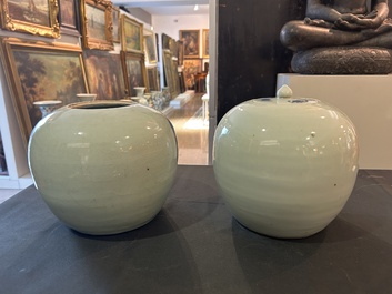 Five Chinese blue and white jars and vases with floral design and figures in a landscape, 19th/20th C.