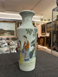 A Chinese famille rose vase with figures in a garden, Qianlong mark, Republic