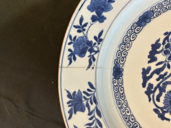 Three Chinese blue and white dishes and one polychrome dish, Kangxi and 19th/20th C.