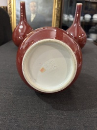 A pair of Chinese langyao bottle vases and a double gourd vase, Qianlong mark, 20th C.