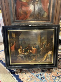 Flemish school, follower of David Teniers (1610-1690): Fun in the inn, oil on panel, 19th C.