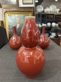 A pair of Chinese langyao bottle vases and a double gourd vase, Qianlong mark, 20th C.
