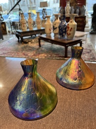 Johann Loetz (1880-1940, attributed to): A pair of multi-coloured funnel-shaped glass 'Papillon' vases, 20th C.