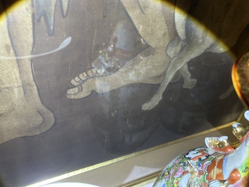 Chinese school: A blind beggar with a dog, ink and colours on silk, probably Ming