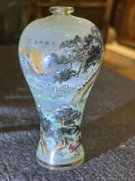 A small Chinese miniature reverse painted glass meiping vase with cranes, 19th/20th C.