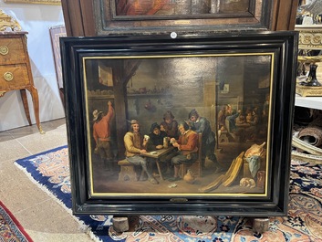 Flemish school, follower of David Teniers (1610-1690): Fun in the inn, oil on panel, 19th C.