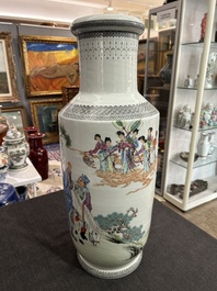 A Chinese famille rose rouleau vase with immortals in a garden, Qianlong mark, 20th C.