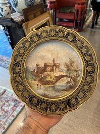 A S&egrave;vres porcelain plate with a view on Perpignan and a Rose Pompadour ground dish, 19th/20th C.