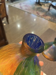 Johann Loetz (1880-1940, attributed to): A pair of multi-coloured funnel-shaped glass 'Papillon' vases, 20th C.