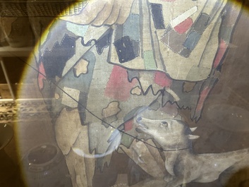 Chinese school: A blind beggar with a dog, ink and colours on silk, probably Ming