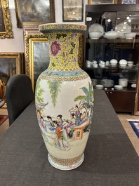 A Chinese famille rose 'antiquities' vase and a vase with figures in a garden, 19th/20th C.