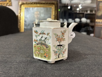A Chinese hexagonal famille rose 'magpies and butterflies' teapot and cover, Tongzhi mark and of the period