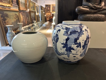 Five Chinese blue and white jars and vases with floral design and figures in a landscape, 19th/20th C.