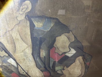 Chinese school: A blind beggar with a dog, ink and colours on silk, probably Ming