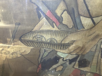 Chinese school: A blind beggar with a dog, ink and colours on silk, probably Ming