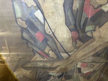 Chinese school: A blind beggar with a dog, ink and colours on silk, probably Ming