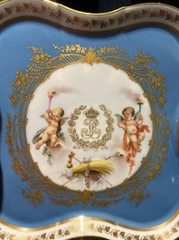 A French blue ground S&egrave;vres style t&ecirc;te-&agrave;-t&ecirc;te two-persons tea service, 19th C.