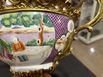 A Chinese gilt bronze mounted famille rose 'Mandarin' bowl, Qianlong