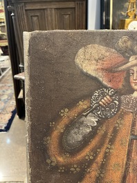 School van Cusco, Peru: Een engel met een haakbus en een engel met een fluit, olie op doek, 18de eeuw